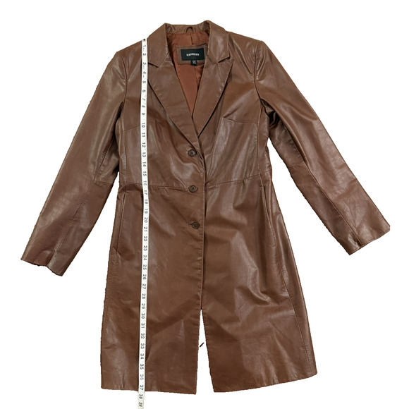 Vintage Express Women’s Brown Genuine Leather Long Jacket Coat Y2K Size 9/10 - Picture 4 of 9